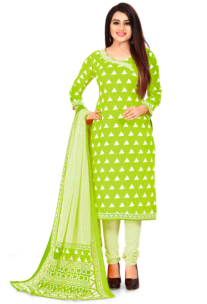 Parrot Green Pure Jaipuri Cambric Cotton Printed Unstitched Salwar Suit Material