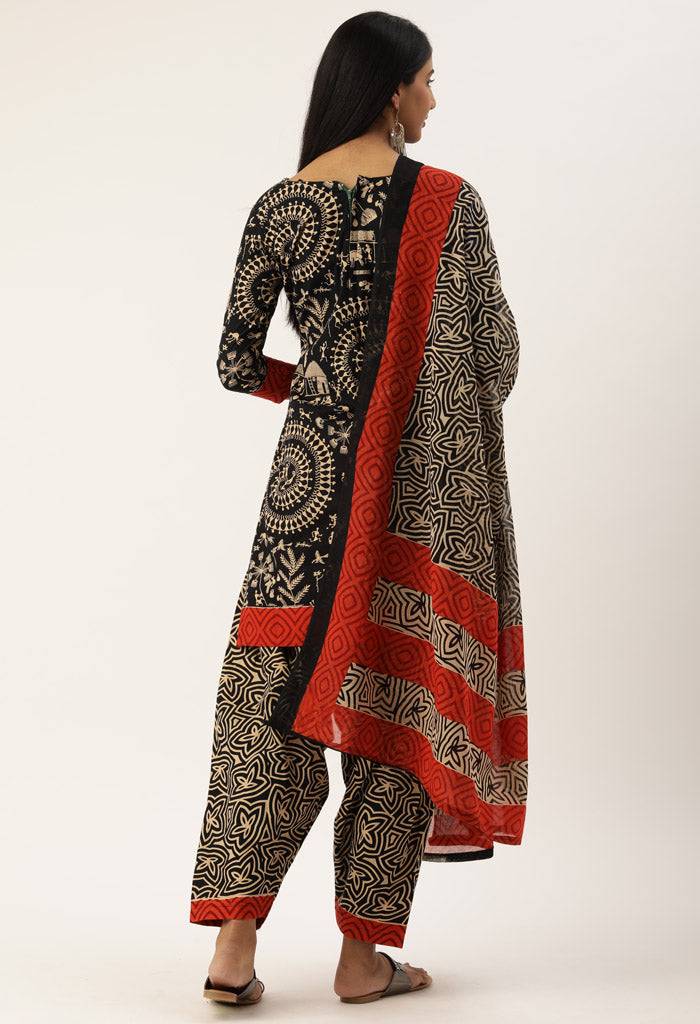 Black And Beige Pure Jaipuri Cambric Cotton Printed Unstitched Salwar Suit Material