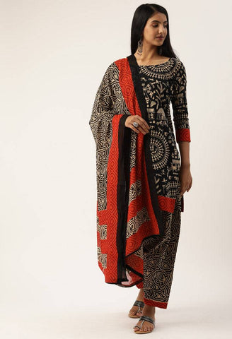 Black And Beige Pure Jaipuri Cambric Cotton Printed Unstitched Salwar Suit Material