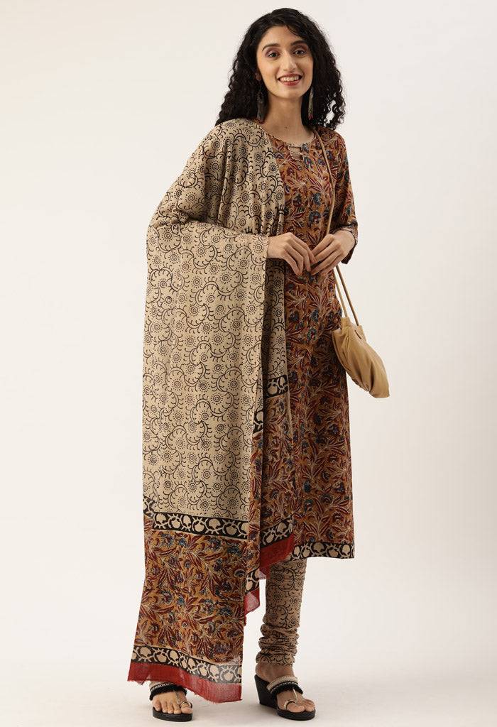 Brown Pure Cambric Cotton Printed Unstitched Salwar Suit Material
