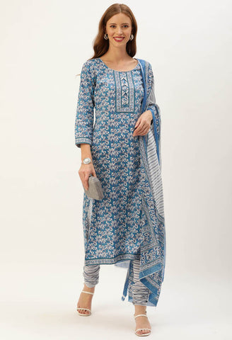 Blue And White Pure Cambric Cotton Printed Unstitched Salwar Suit Material