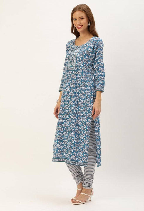 Blue And White Pure Cambric Cotton Printed Unstitched Salwar Suit Material