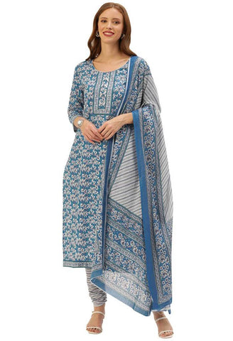 Blue And White Pure Cambric Cotton Printed Unstitched Salwar Suit Material