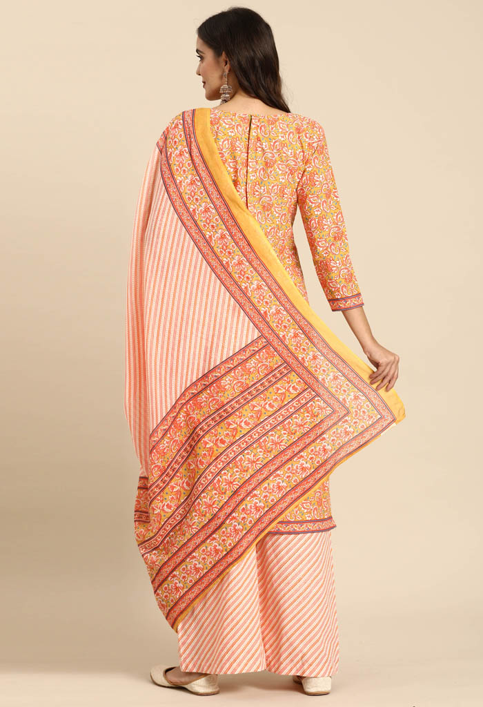 Mustard And Peach Pure Cambric Cotton Printed Unstitched Salwar Suit Material