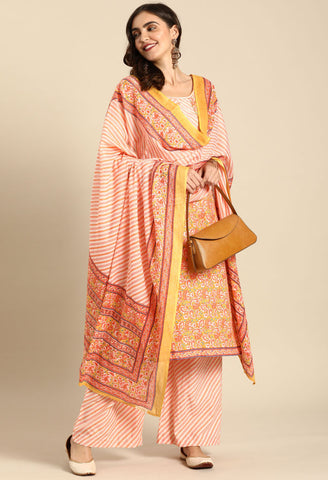 Mustard And Peach Pure Cambric Cotton Printed Unstitched Salwar Suit Material