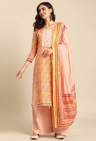 Mustard And Peach Pure Cambric Cotton Printed Unstitched Salwar Suit Material