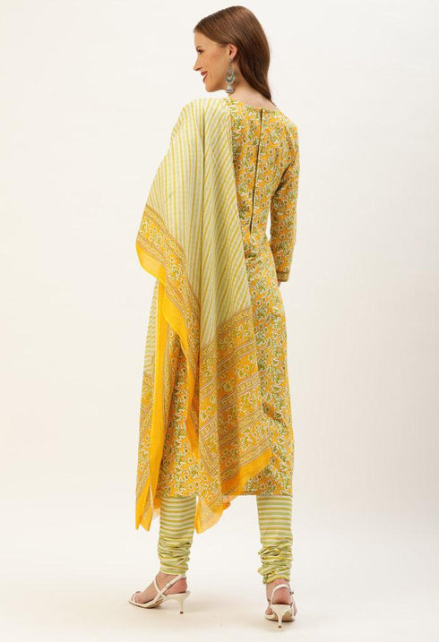 Yellow And Green Pure Cambric Cotton Printed Unstitched Salwar Suit Material