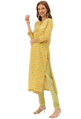 Yellow And Green Pure Cambric Cotton Printed Unstitched Salwar Suit Material