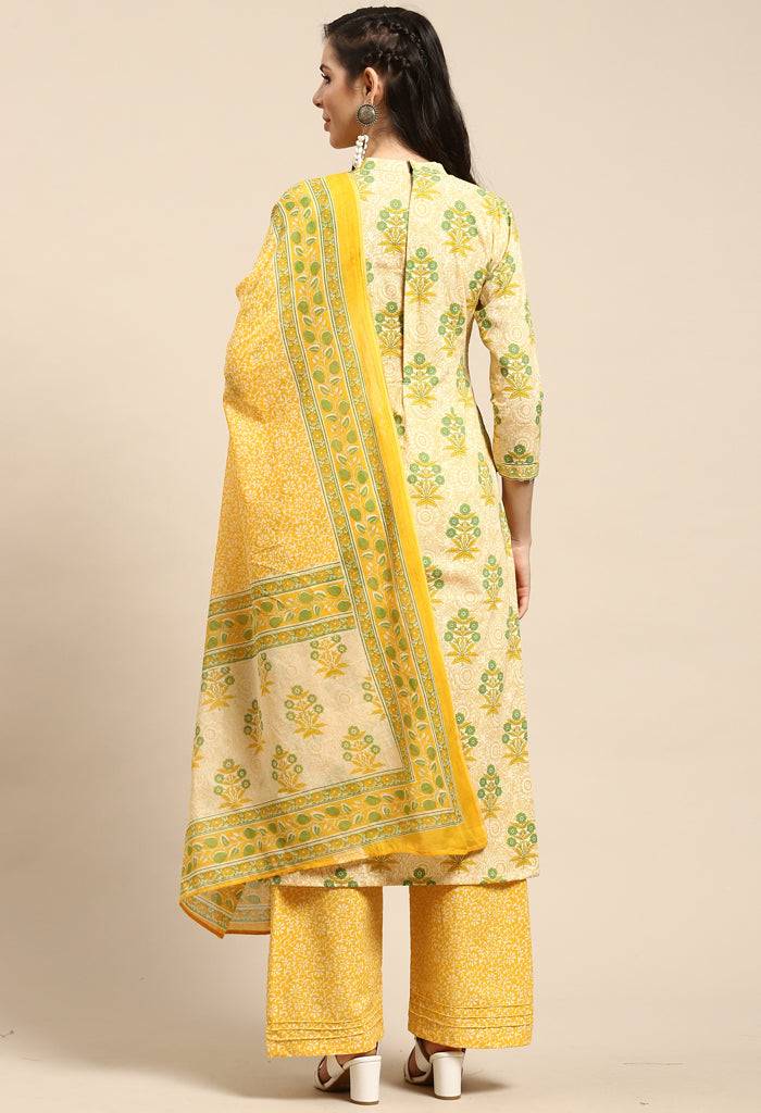 Beige And Yellow Pure Cambric Cotton Printed Unstitched Salwar Suit Material - Rajnandini