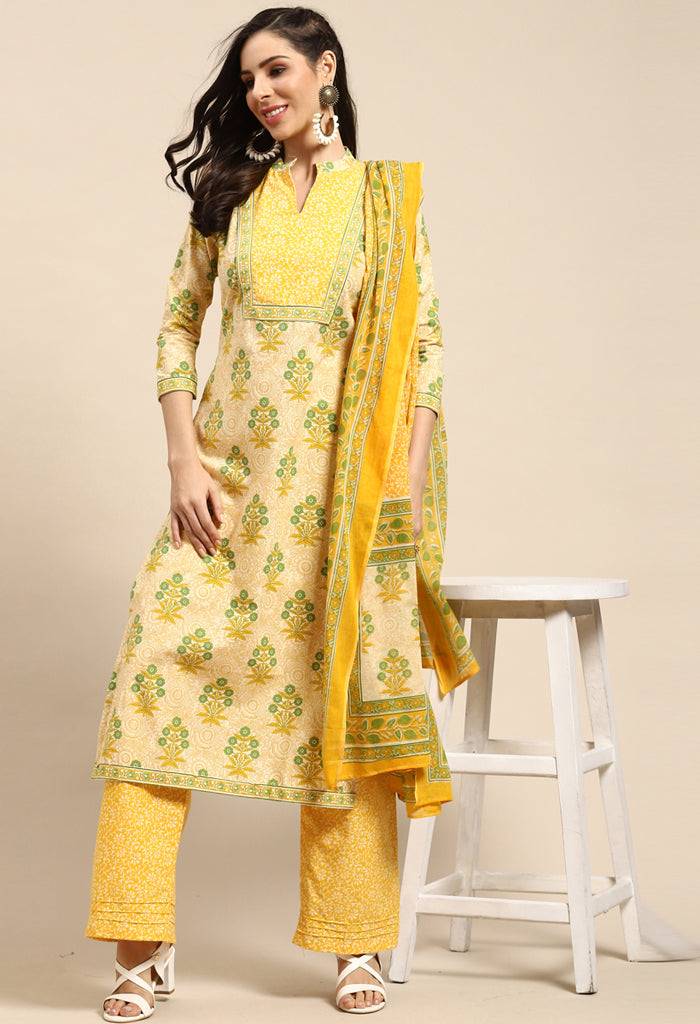 Beige And Yellow Pure Cambric Cotton Printed Unstitched Salwar Suit Material