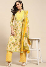 Load image into Gallery viewer, Beige And Yellow Pure Cambric Cotton Printed Unstitched Salwar Suit Material - Rajnandini