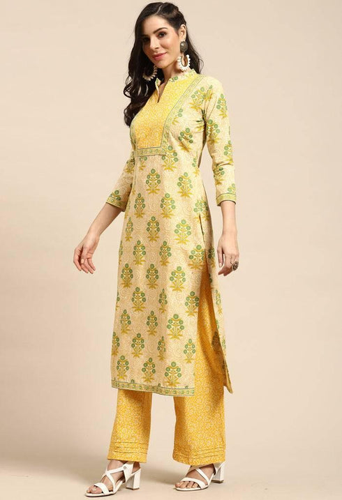 Beige And Yellow Pure Cambric Cotton Printed Unstitched Salwar Suit Material - Rajnandini