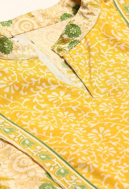 Beige And Yellow Pure Cambric Cotton Printed Unstitched Salwar Suit Material - Rajnandini