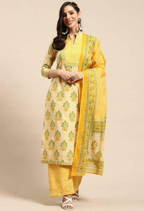 Beige And Yellow Pure Cambric Cotton Printed Unstitched Salwar Suit Material - Rajnandini