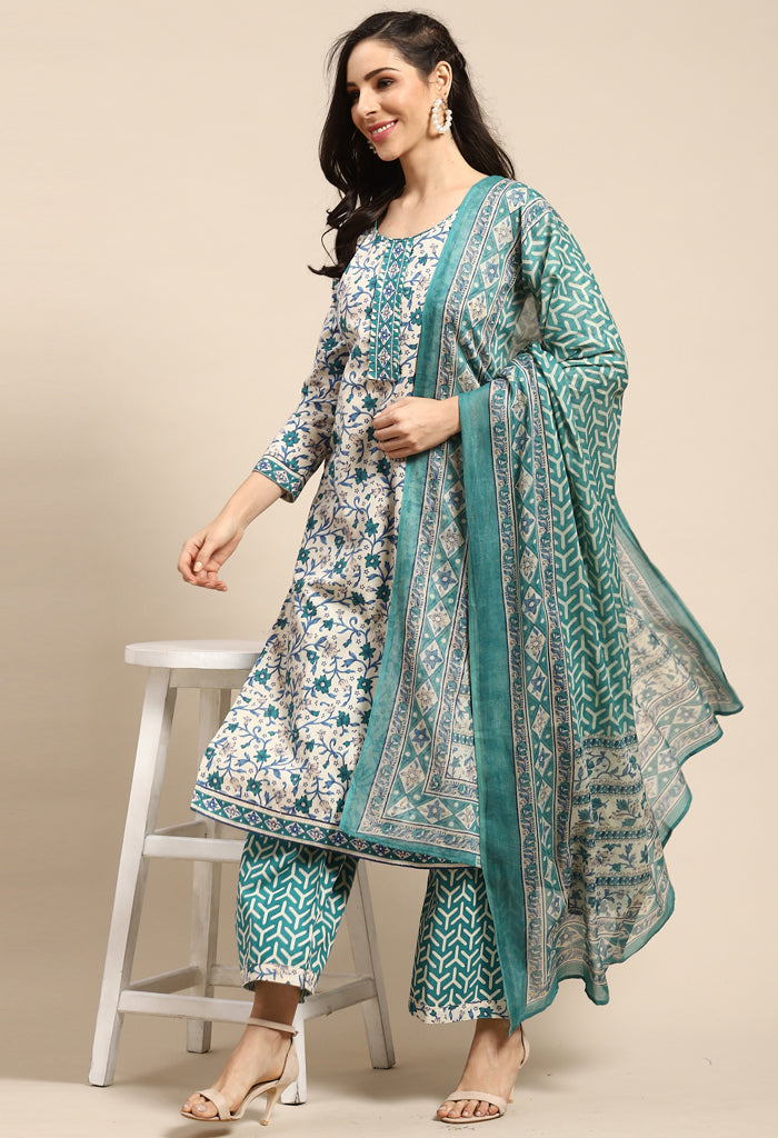 White Pure Cambric Cotton Printed Unstitched Salwar Suit Material