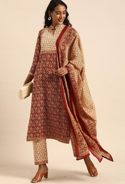 Maroon Pure Cambric Cotton Printed Unstitched Salwar Suit Material