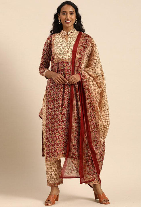 Maroon Pure Cambric Cotton Printed Unstitched Salwar Suit Material