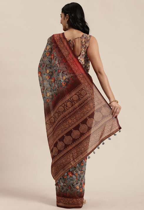 Grey & Brown Cotton Silk Kalamkari Printed Traditional Saree