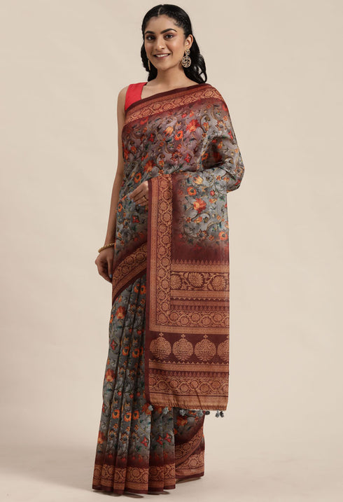 Grey & Brown Cotton Silk Kalamkari Printed Traditional Saree