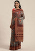 Grey & Brown Cotton Silk Kalamkari Printed Traditional Saree