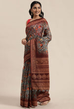 Load image into Gallery viewer, Grey &amp; Brown Cotton Silk Kalamkari Printed Traditional Saree
