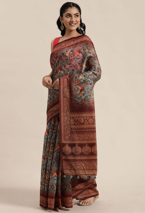 Grey & Brown Cotton Silk Kalamkari Printed Traditional Saree