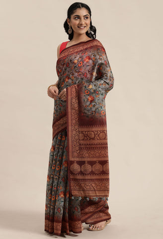 Grey & Brown Cotton Silk Kalamkari Printed Traditional Saree