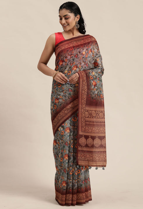 Grey & Brown Cotton Silk Kalamkari Printed Traditional Saree