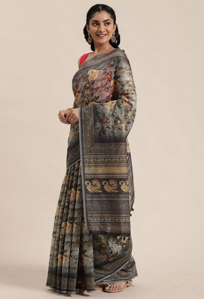Black & Grey Cotton Silk Kalamkari Printed Traditional Saree
