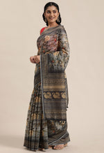Load image into Gallery viewer, Black &amp; Grey Cotton Silk Kalamkari Printed Traditional Saree
