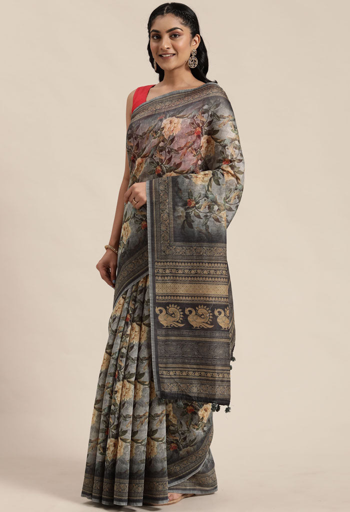 Black & Grey Cotton Silk Kalamkari Printed Traditional Saree