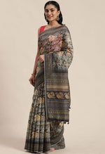 Load image into Gallery viewer, Black &amp; Grey Cotton Silk Kalamkari Printed Traditional Saree