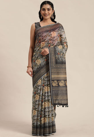 Black & Grey Cotton Silk Kalamkari Printed Traditional Saree