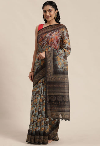 Grey Cotton Silk Kalamkari Printed Traditional Saree