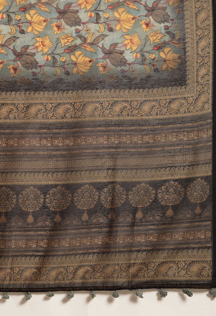 Grey Cotton Silk Kalamkari Printed Traditional Saree
