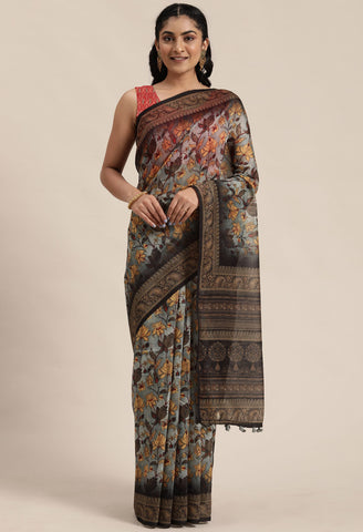 Grey Cotton Silk Kalamkari Printed Traditional Saree