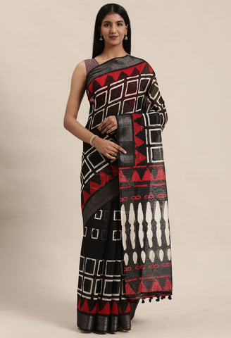 Black & Beige Cotton Silk Geometric Printed Traditional Saree