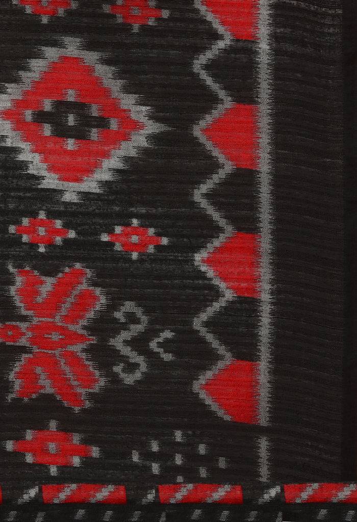 Grey & Black Linen Cotton Printed Traditional Saree