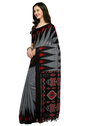 Grey & Black Linen Cotton Printed Traditional Saree