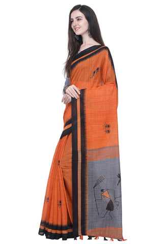 Orange Linen Cotton Printed Traditional Saree