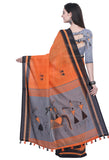 Orange Linen Cotton Printed Traditional Saree
