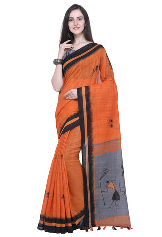 Orange Linen Cotton Printed Traditional Saree