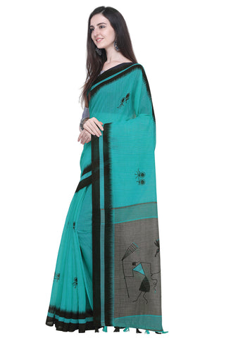 Sky Blue Linen Cotton Printed Traditional Saree