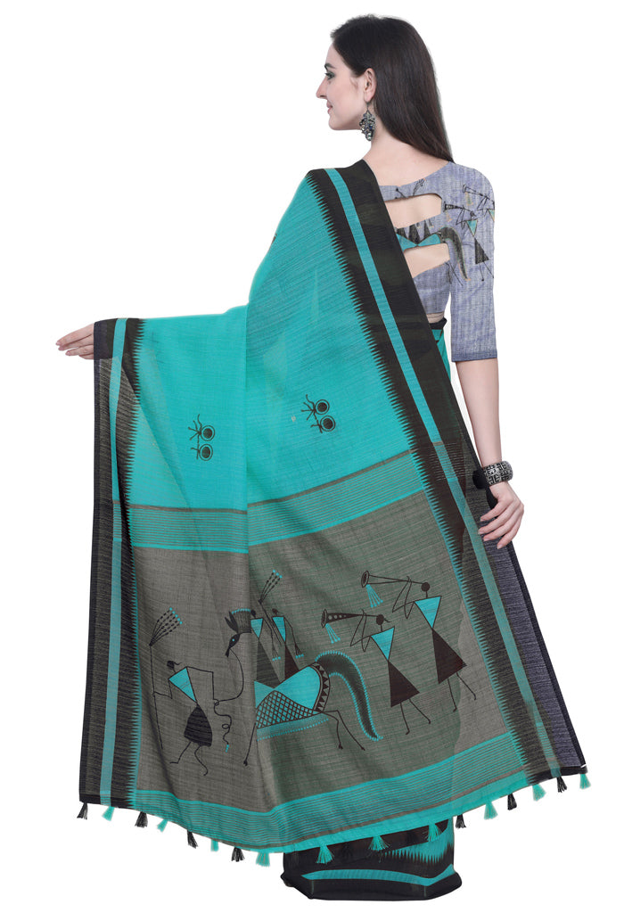 Sky Blue Linen Cotton Printed Traditional Saree