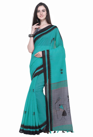 Sky Blue Linen Cotton Printed Traditional Saree