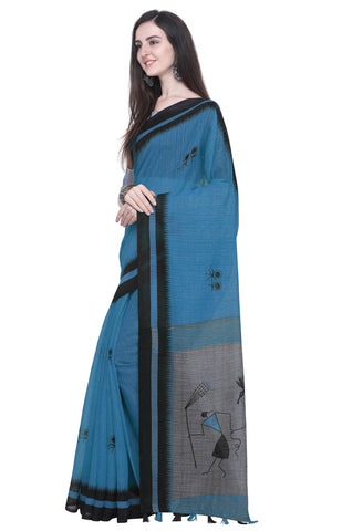 Blue Linen Cotton Printed Traditional Saree