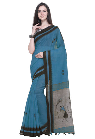 Blue Linen Cotton Printed Traditional Saree