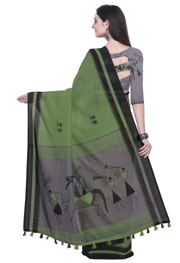 Green Linen Cotton Printed Traditional Saree