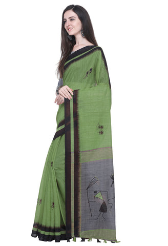 Green Linen Cotton Printed Traditional Saree