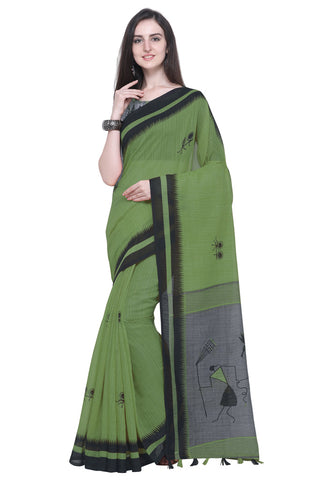 Green Linen Cotton Printed Traditional Saree